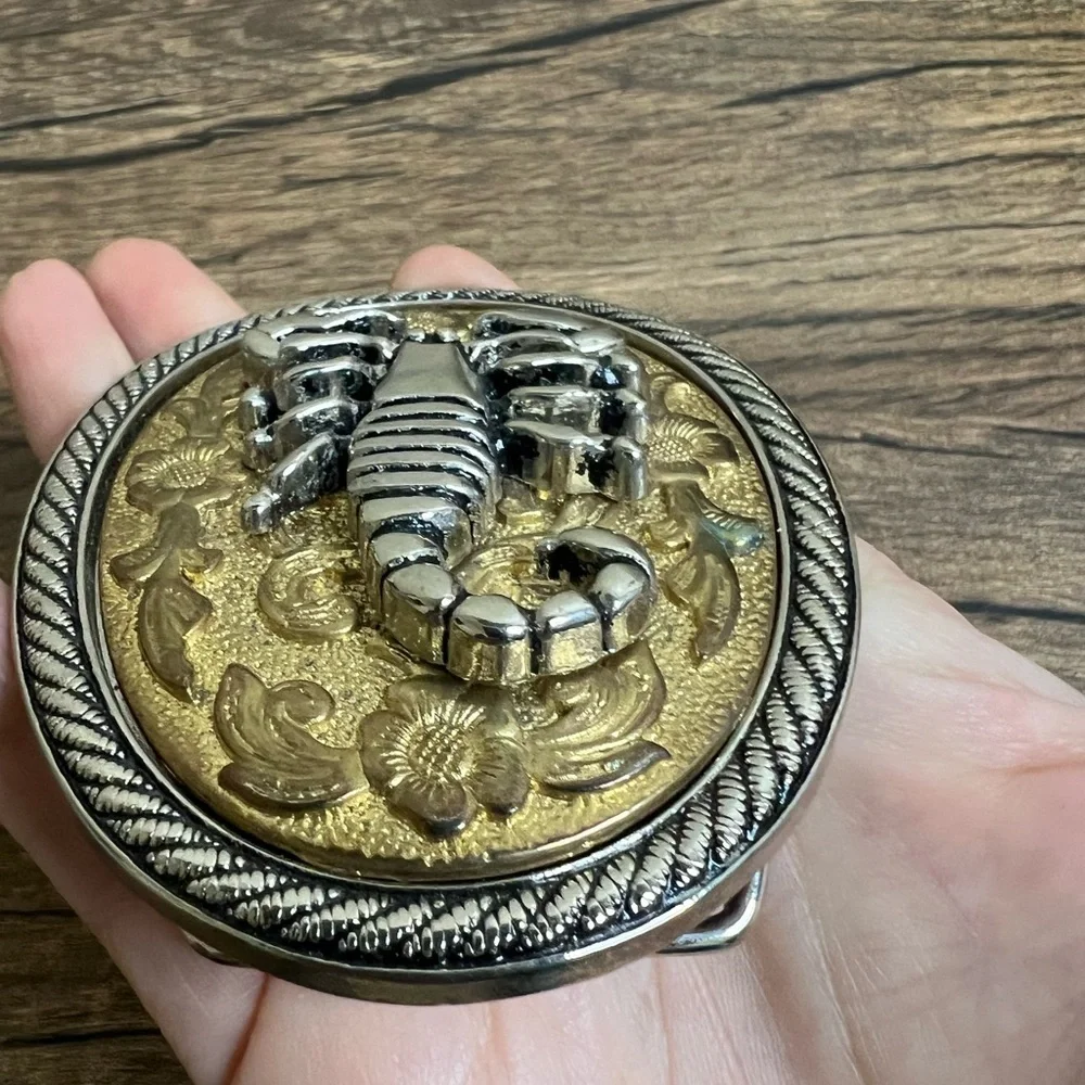Western Scorpion Belt Buckle Two Tone Gold Silver Floral Engraved 3.75x2.75